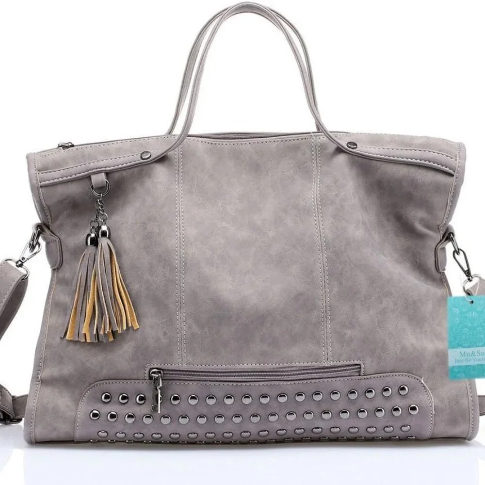 Source Unknown Gray Studded Tote with Tassel Accent